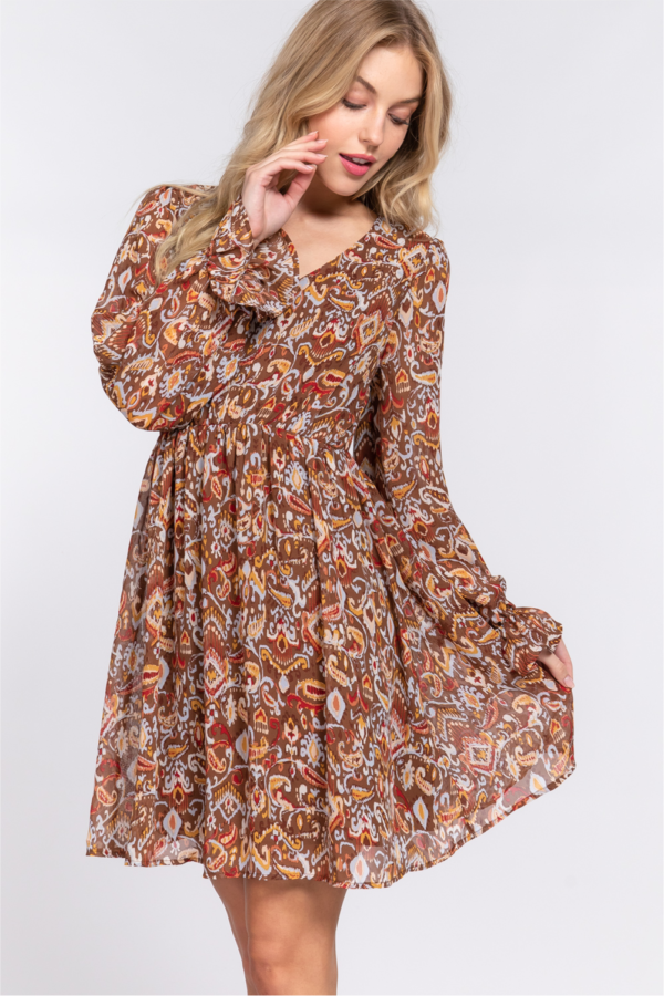 LONG SLEEVE V-NECK PRINTED WOVEN MINI DRESS