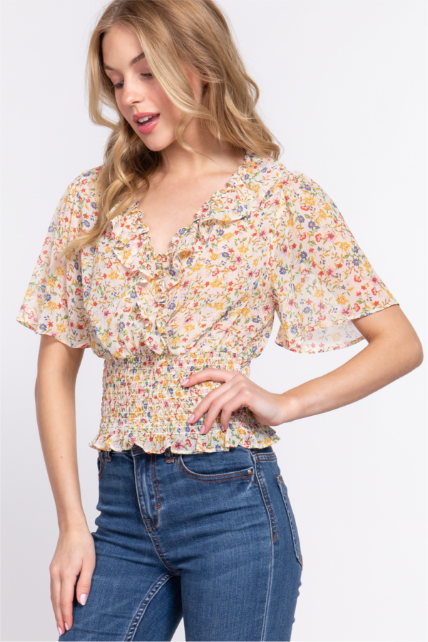 FLUTTER SLEEVE V-NECK WITH RUFFLE DETAIL SMOCKED WAIST PRINTED CHIFFON WOVEN TOP