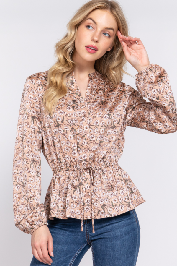 LONG SLEEVE NOTCHED COLLAR WAIST ELASTIC & TIE DETAIL BUTTON DOWN PRINT WOVEN BLOUSE