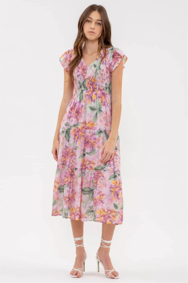 VESTIDO MIDI FLORAL CON CUELLO EN V AHUMADO - PINK MULTI